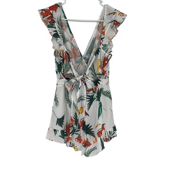 Prettylittlething Womens Tropical Paradise Tie Romper V Neck Green White Size 2 - Picture 2 of 10
